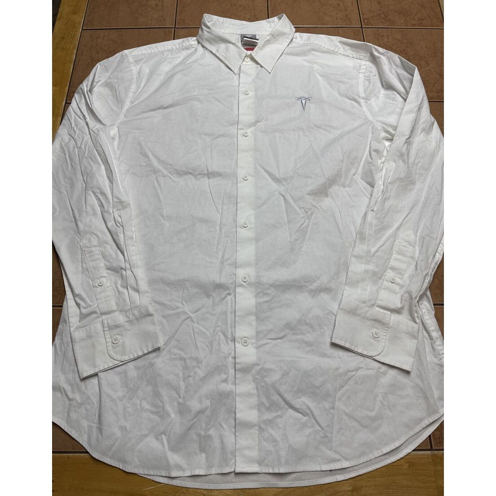 Tesla Shirt Men Sz XL White Button Up Performance Stretch Dress Work Casual Logo